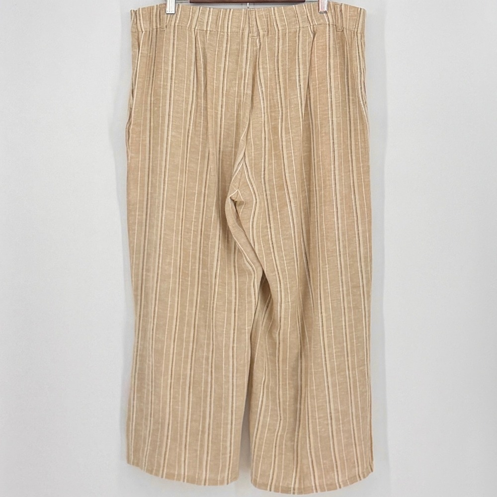 J JILL Tan Striped Wide Leg Cropped Linen Pants L Elastic Waist Pull On Comfort